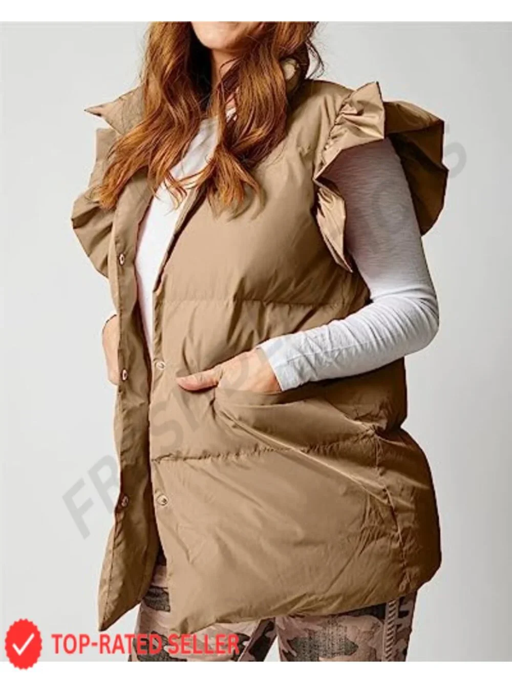 Women's Padded Puffer Vest Lightweight Quilted Sleeveless Ruffle Shoulder Coat